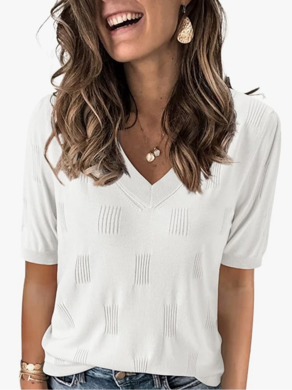 Lightweight V-Neck Short Sleeve Sweater Top - White